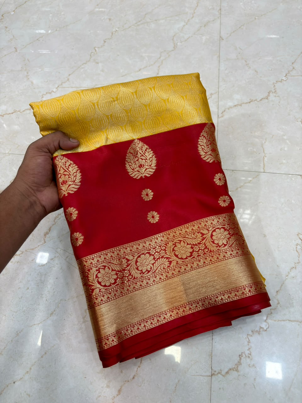 Golden Yellow with Red Banarasi Soft Silk Saree - view 6
