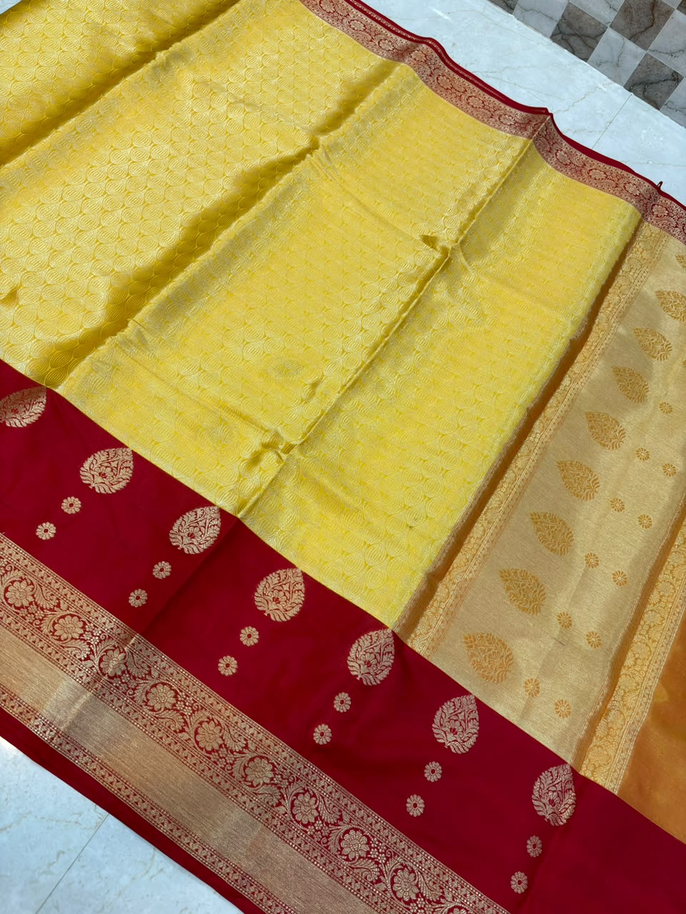 Golden Yellow with Red Banarasi Soft Silk Saree - view 2