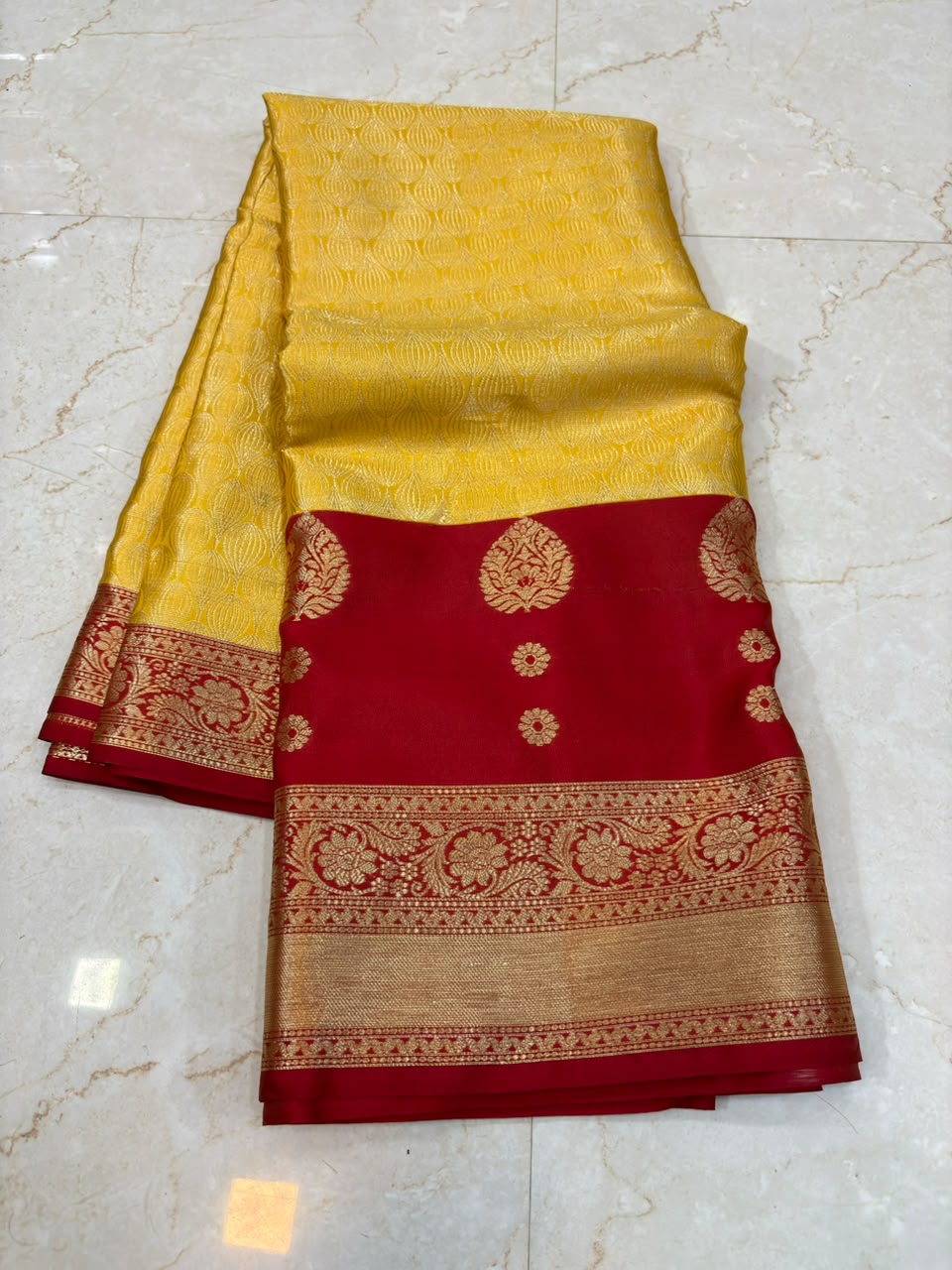 Golden Yellow with Red Banarasi Soft Silk Saree - view 3