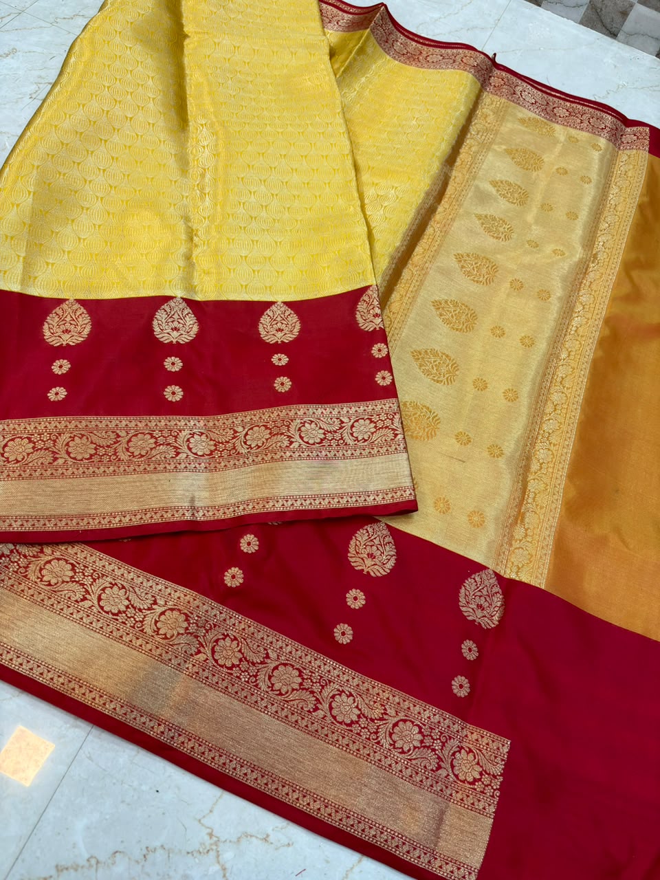 Golden Yellow with Red Banarasi Soft Silk Saree - view 5