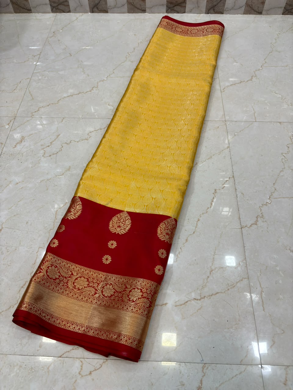 Golden Yellow with Red Banarasi Soft Silk Saree - view 4
