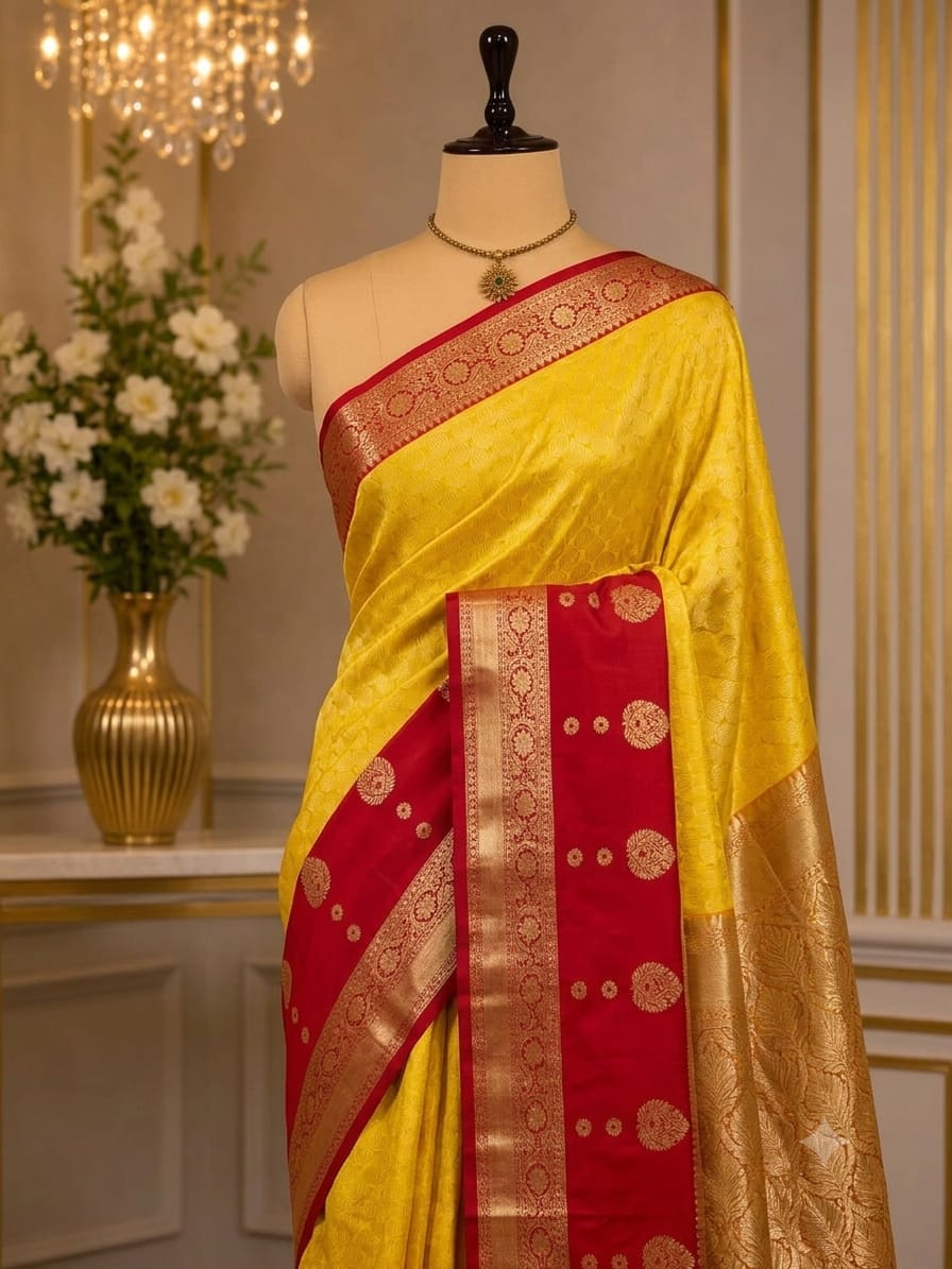 Golden Yellow with Red Banarasi Soft Silk Saree