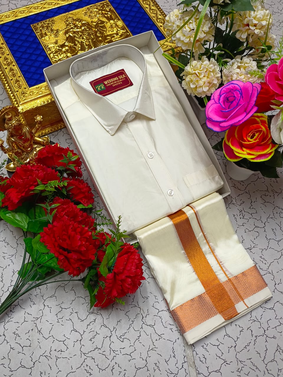 Copper Border Pattu Dhoti Shirt