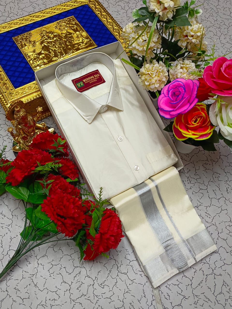 Silver Border Pattu Dhoti Shirt
