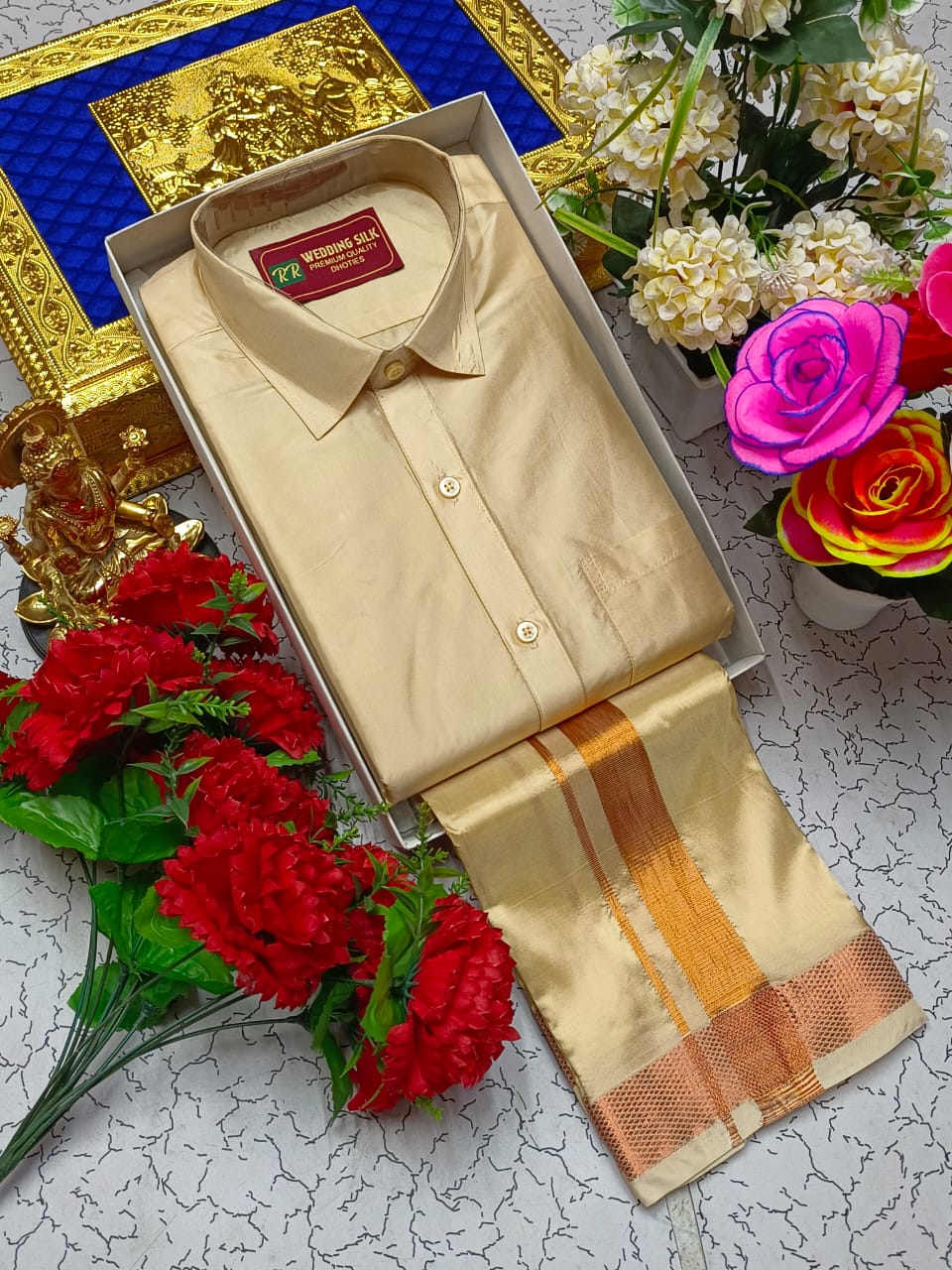 Copper Border Pattu Dhoti Shirt