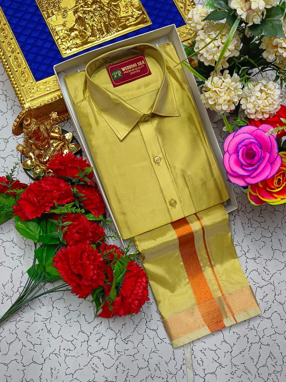 Copper Border Pattu Dhoti Shirt
