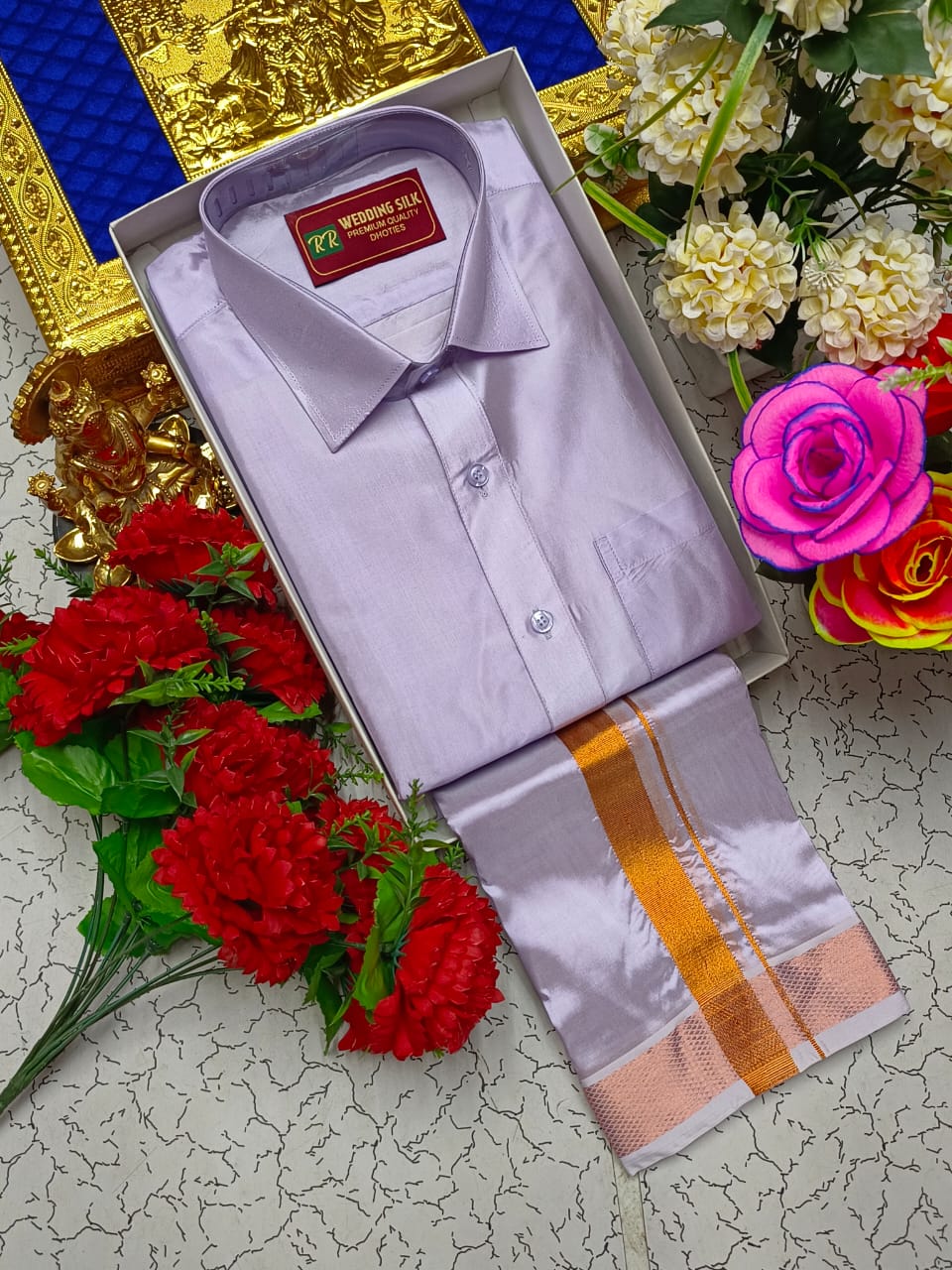 Copper Border Pattu Dhoti Shirt