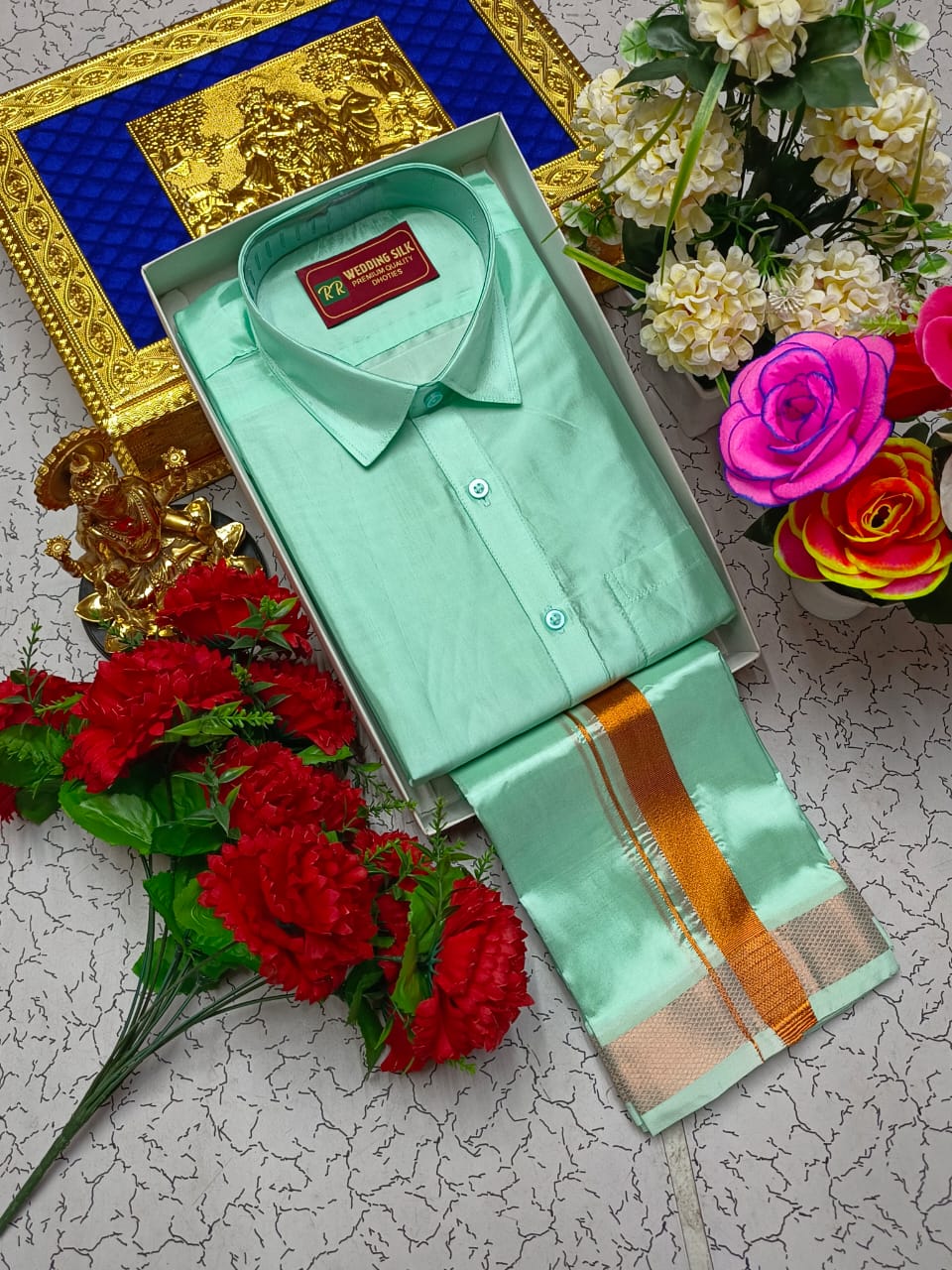 Copper Border Pattu Dhoti Shirt