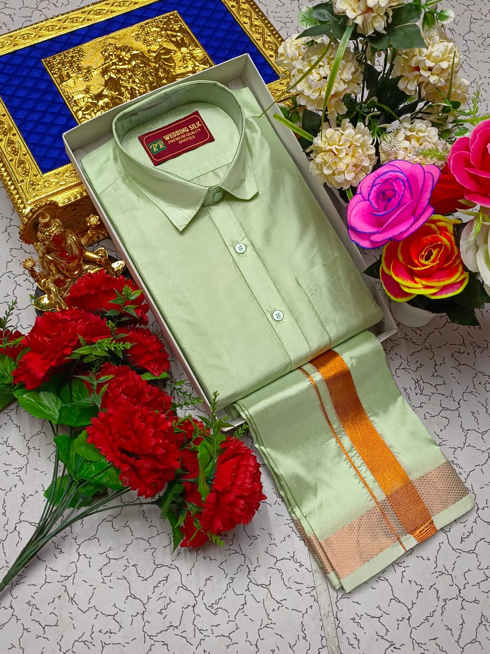 Copper Border Pattu Dhoti Shirt