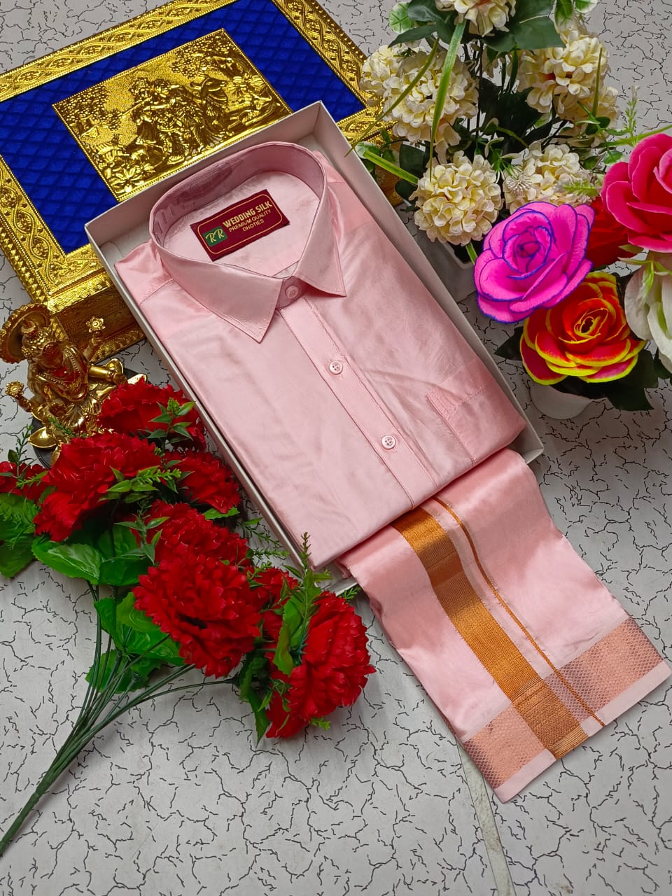 Copper Border Pattu Dhoti Shirt