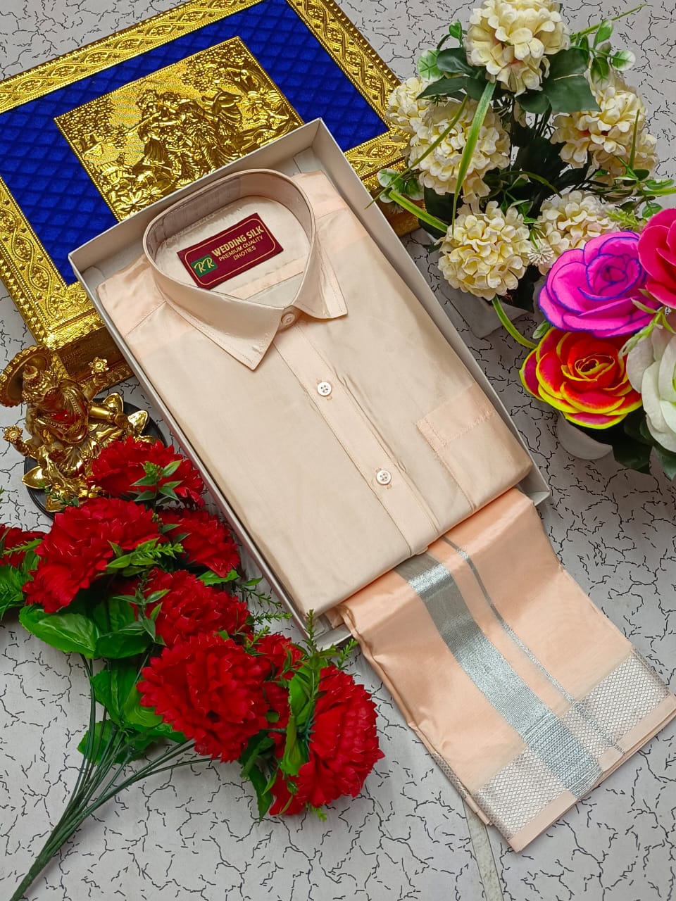 Silver Border Pattu Dhoti Shirt