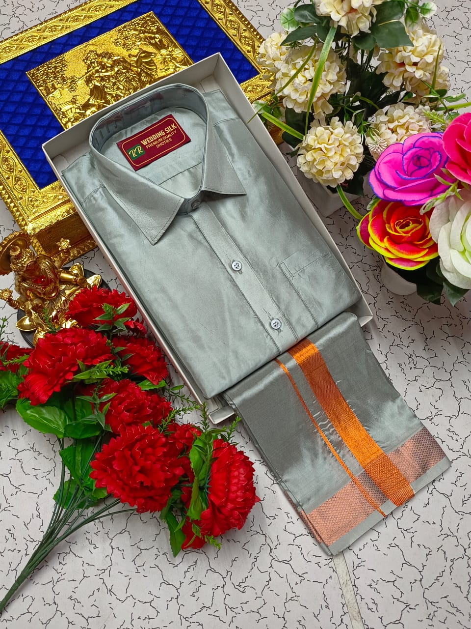 Copper Border Pattu Dhoti Shirt