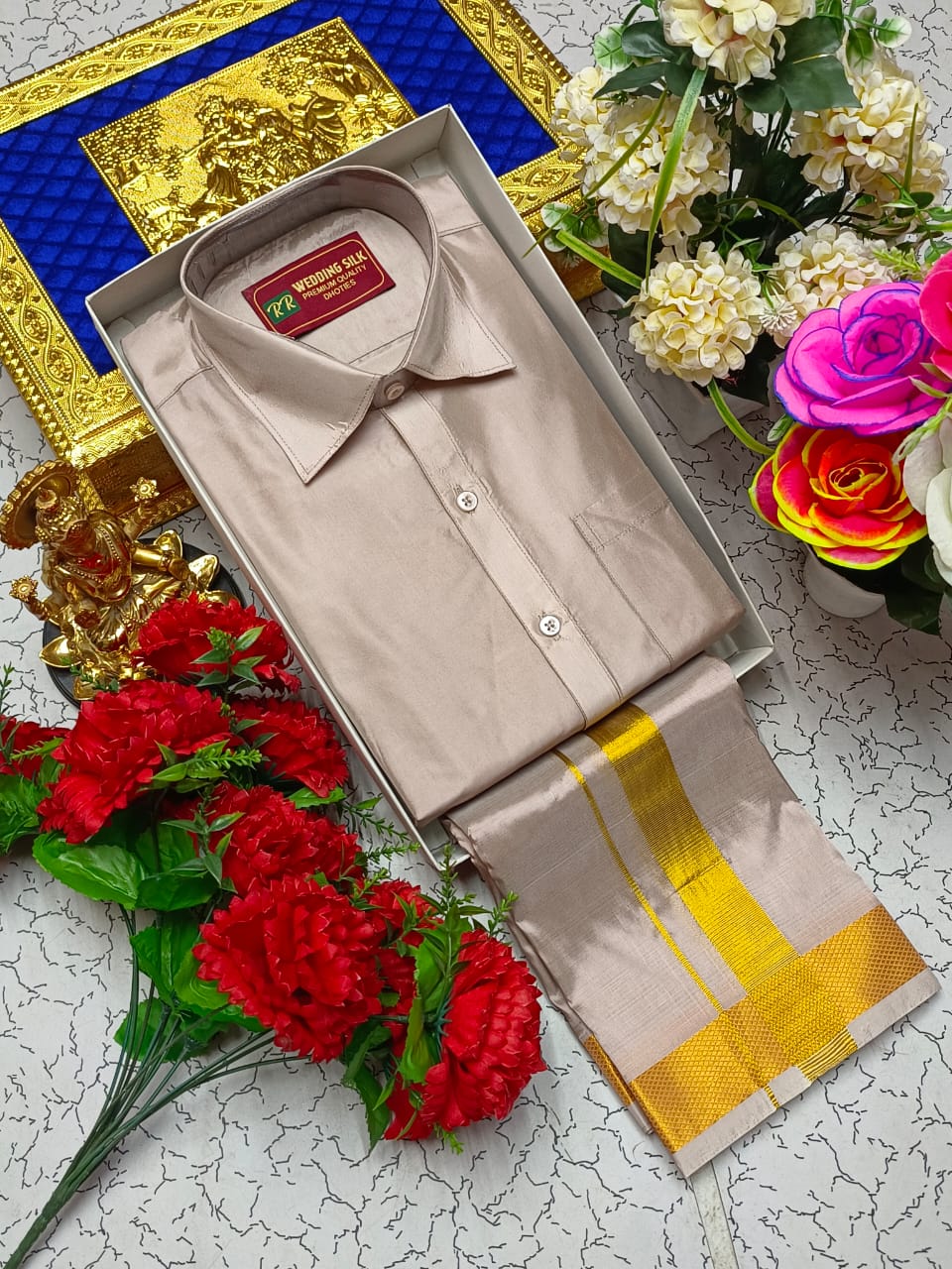 Golden Border Pattu Dhoti Shirt