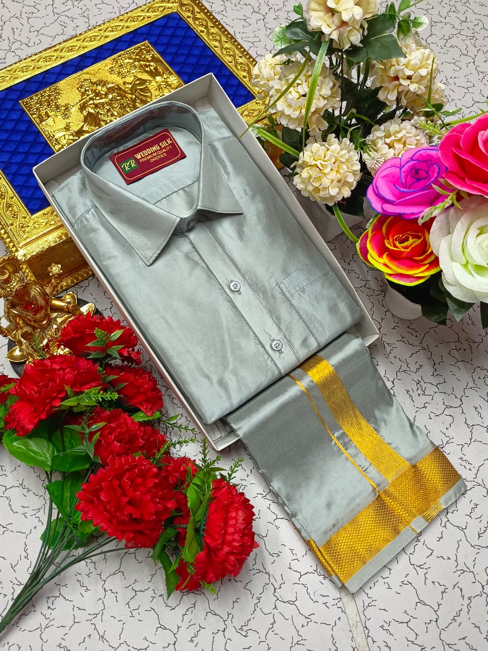 Golden Border Pattu Dhoti Shirt