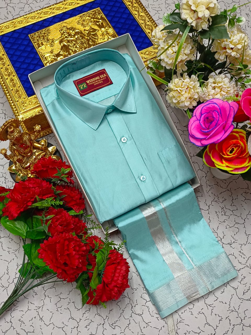 Silver Border Pattu Dhoti Shirt