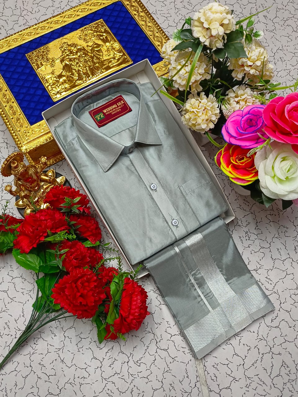 Silver Border Pattu Dhoti Shirt