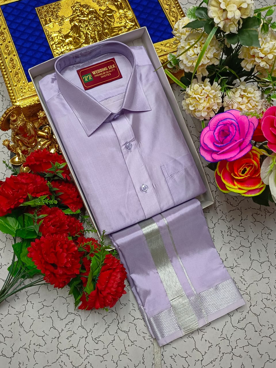 Silver Border Pattu Dhoti Shirt