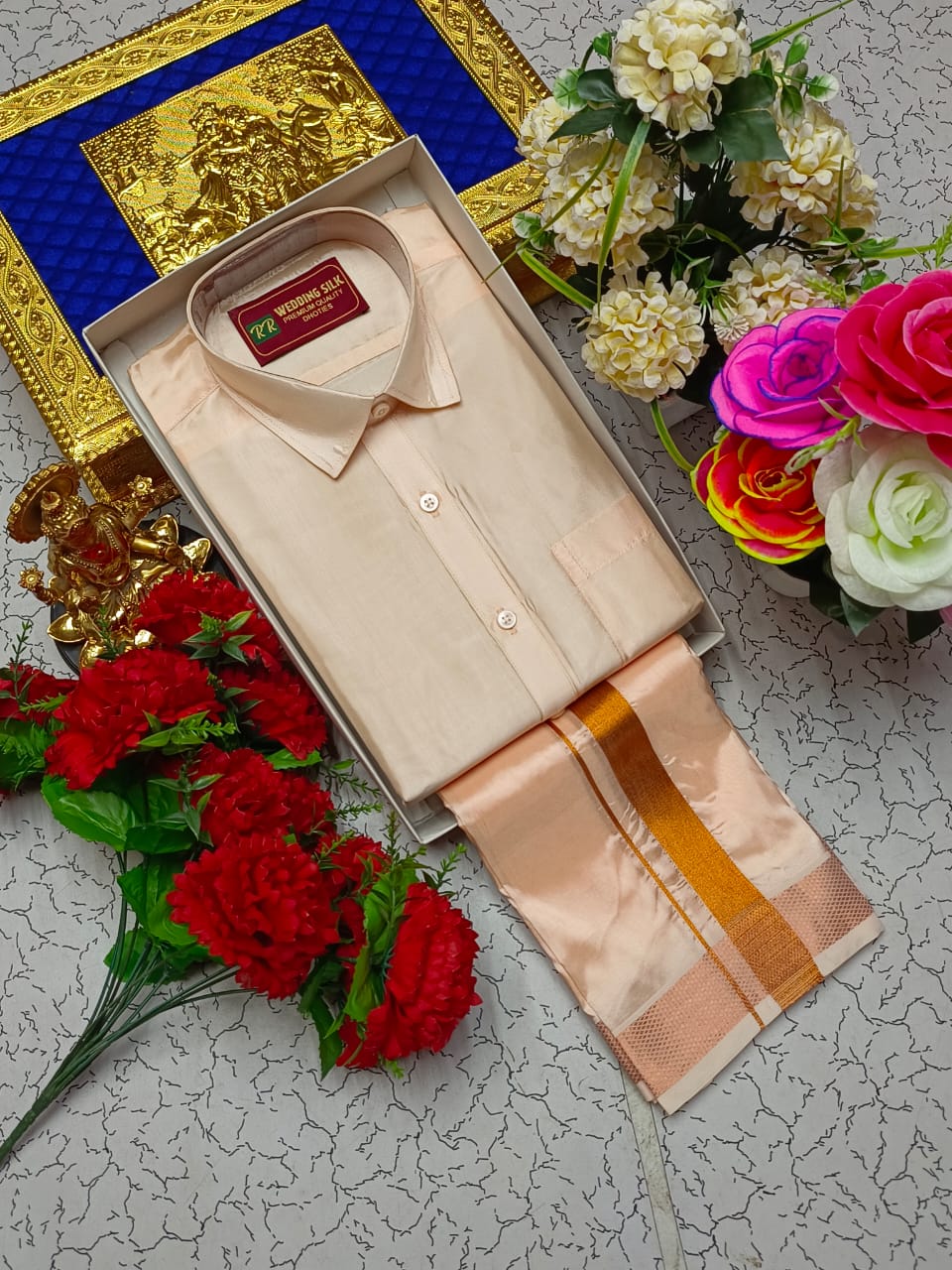 Copper Border Pattu Dhoti Shirt