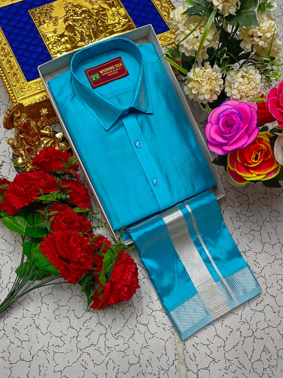 Silver Border Pattu Dhoti Shirt