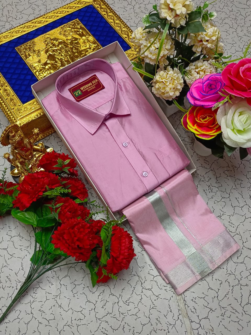 Silver Border Pattu Dhoti Shirt