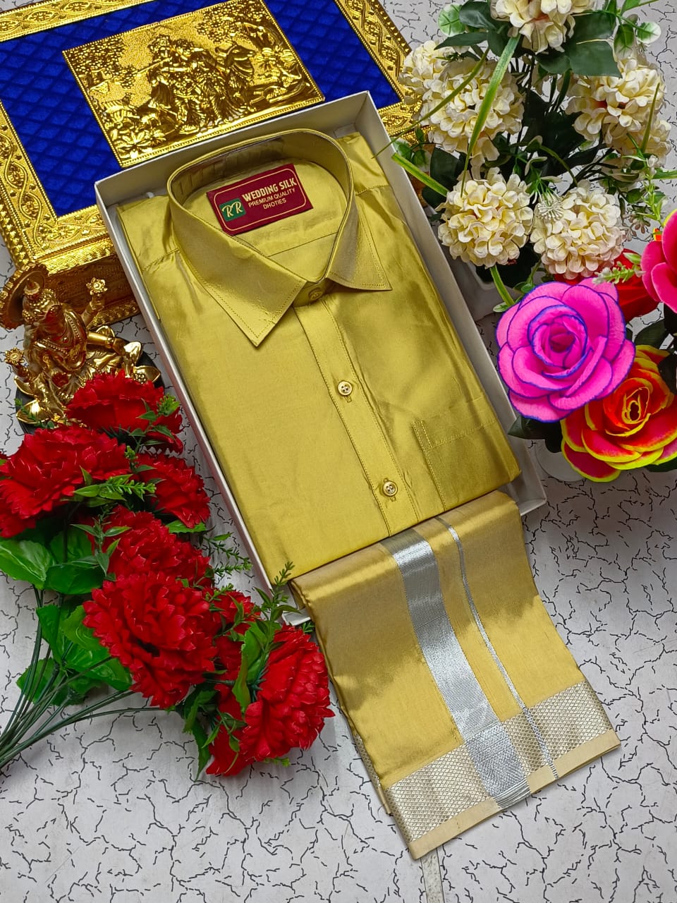 Silver Border Pattu Dhoti Shirt