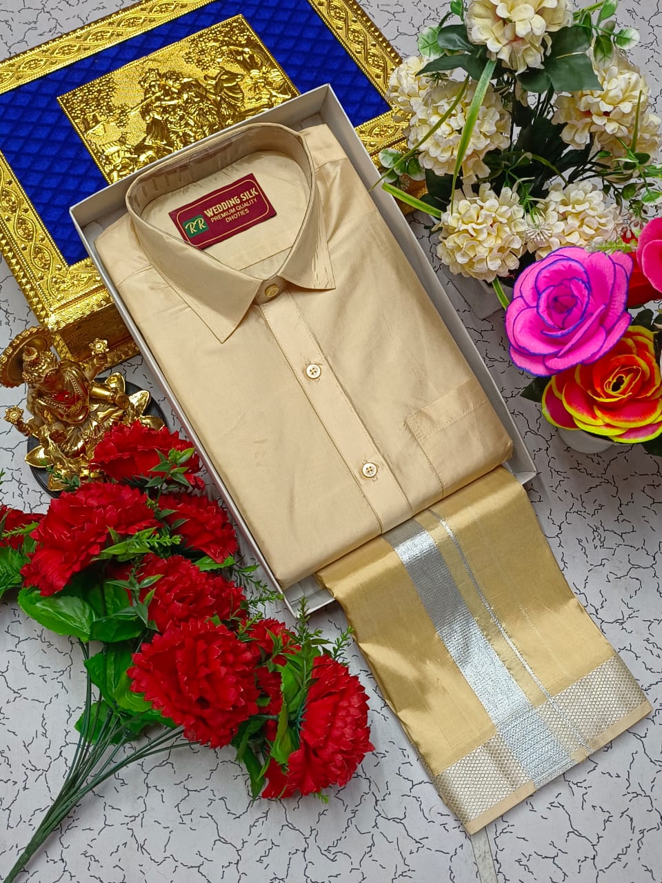 Silver Border Pattu Dhoti Shirt