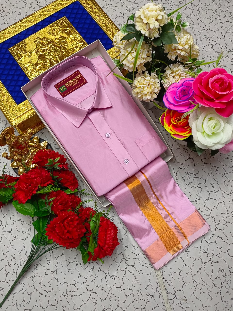 Copper Border Pattu Dhoti Shirt