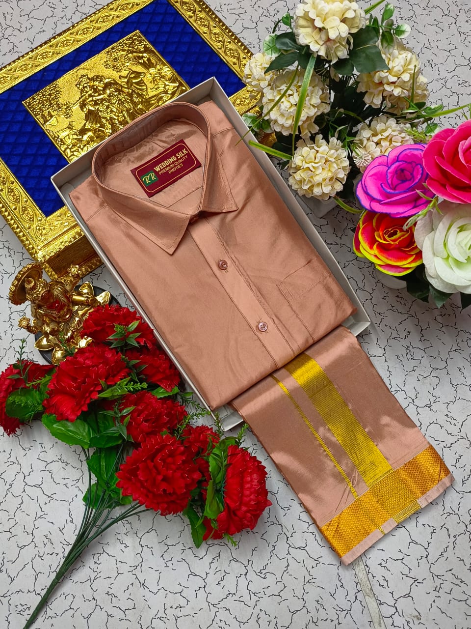 Golden Border Pattu Dhoti Shirt