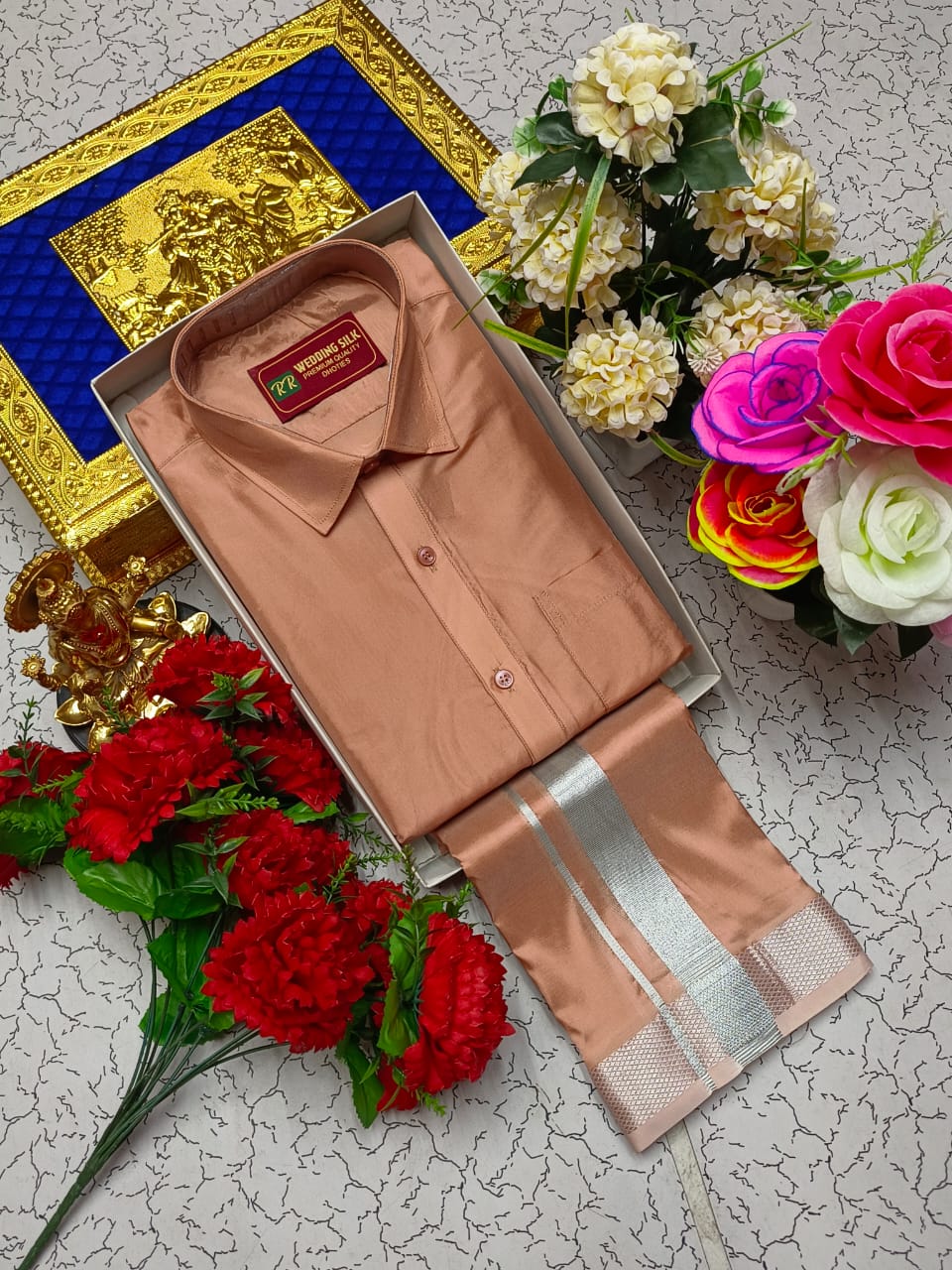 Silver Border Pattu Dhoti Shirt