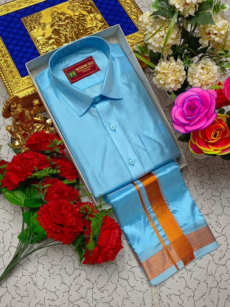 Copper Border Pattu Dhoti Shirt