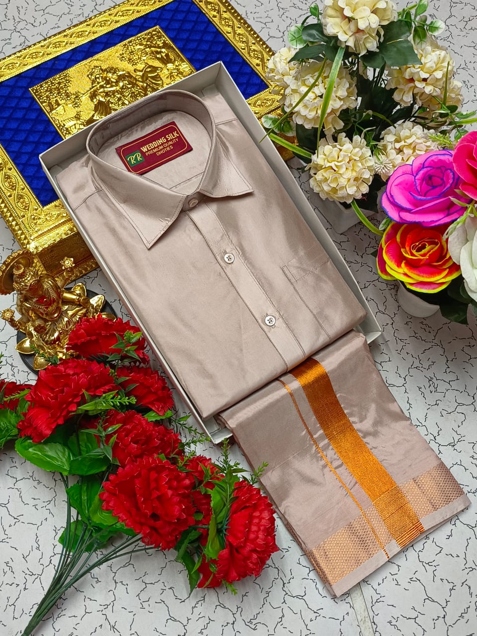 Copper Border Pattu Dhoti Shirt