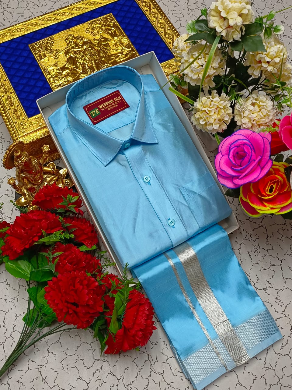 Silver Border Pattu Dhoti Shirt