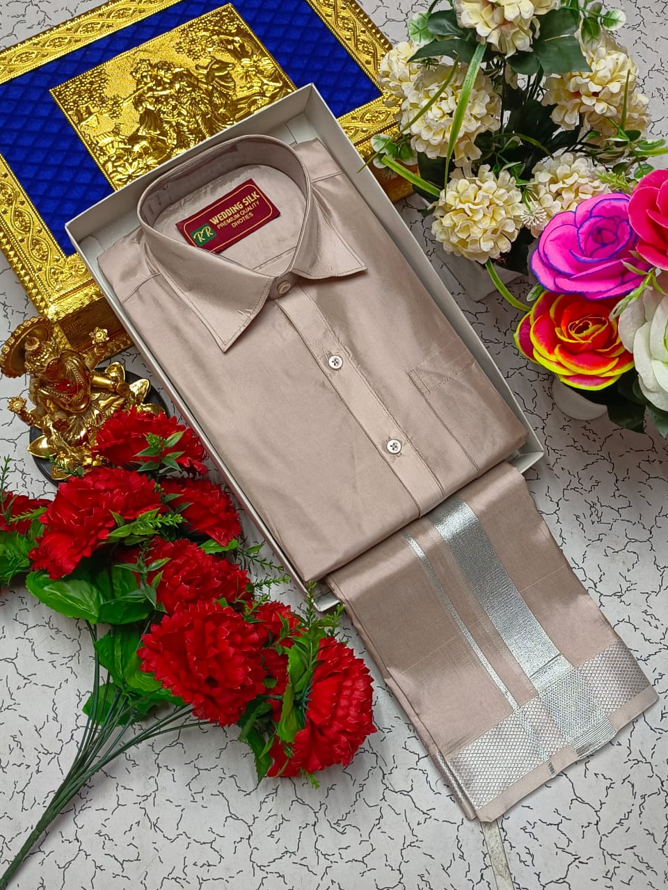 Silver Border Pattu Dhoti Shirt