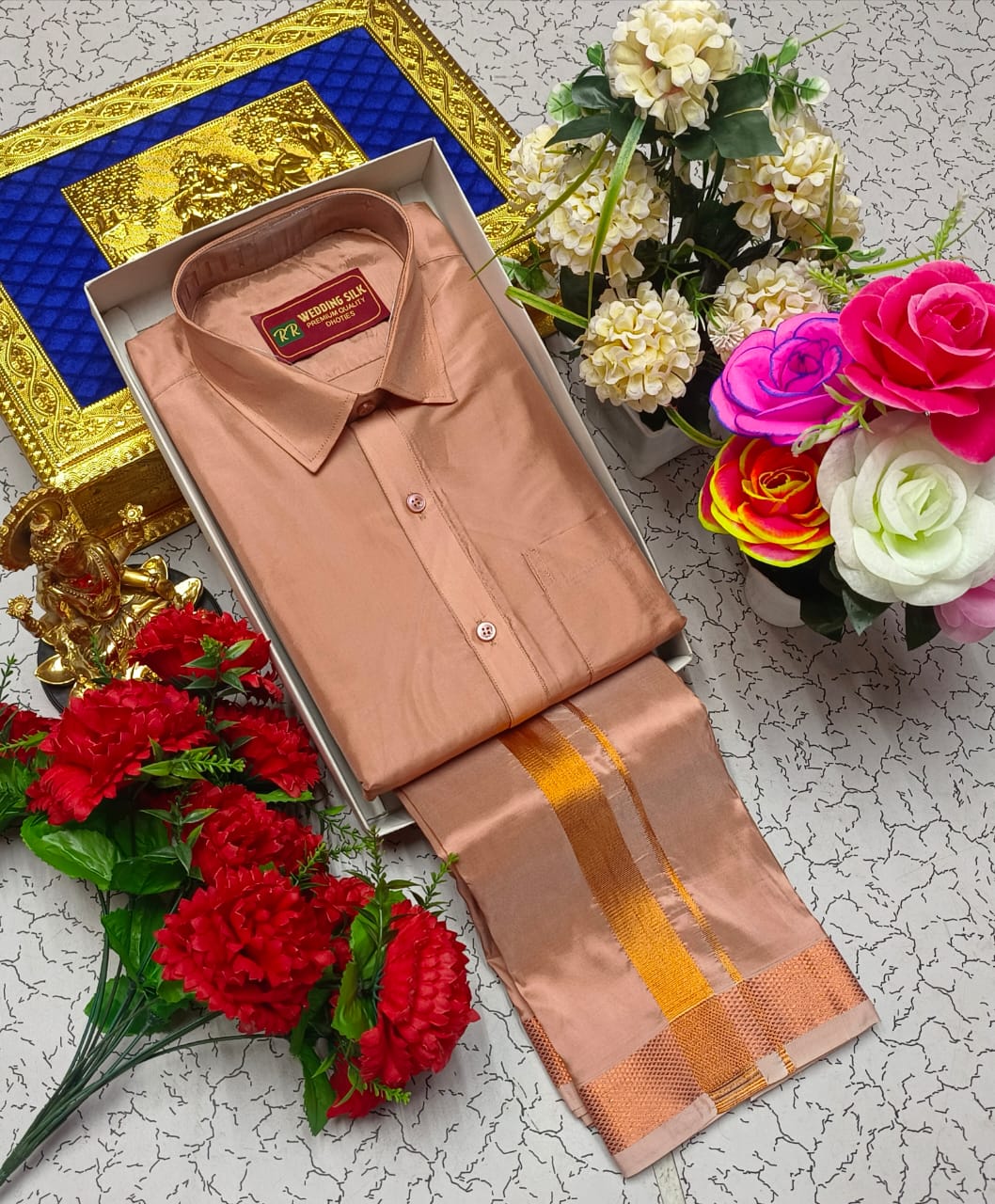 Copper Border Pattu Dhoti Shirt