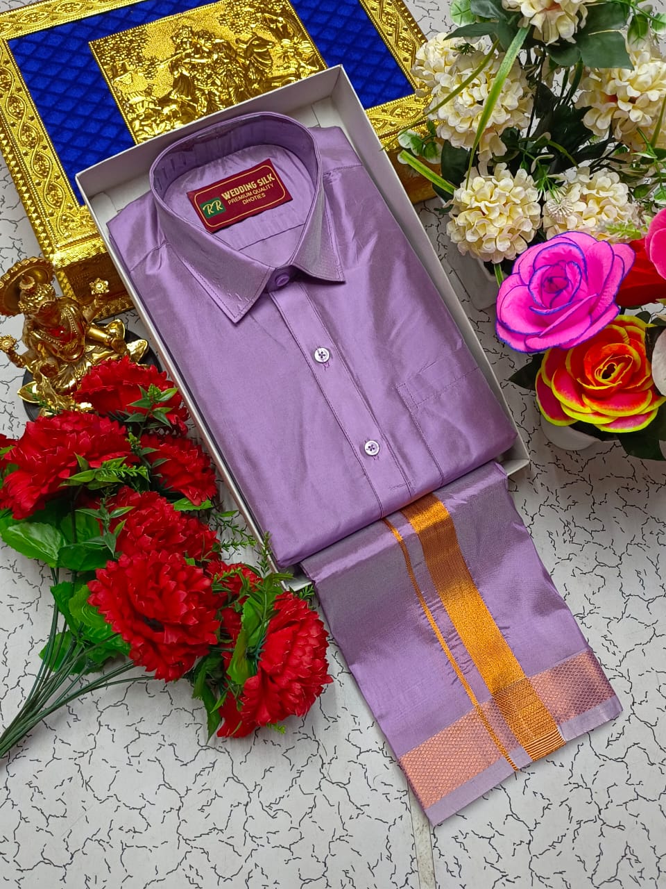 Copper Border Pattu Dhoti Shirt