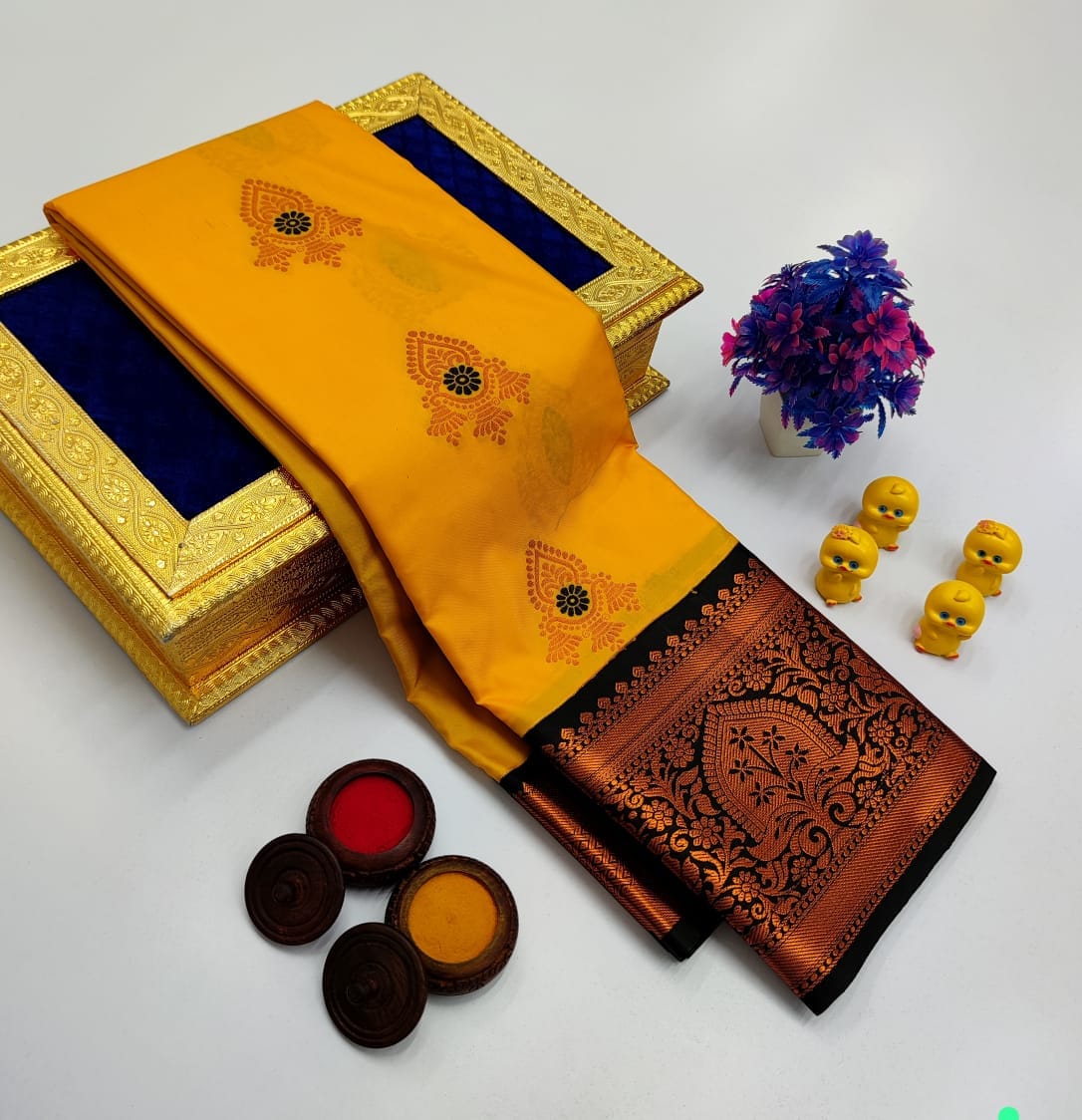 Mustard Orange Korvai Kottanchi Meena Work Premium Soft Silk Saree
