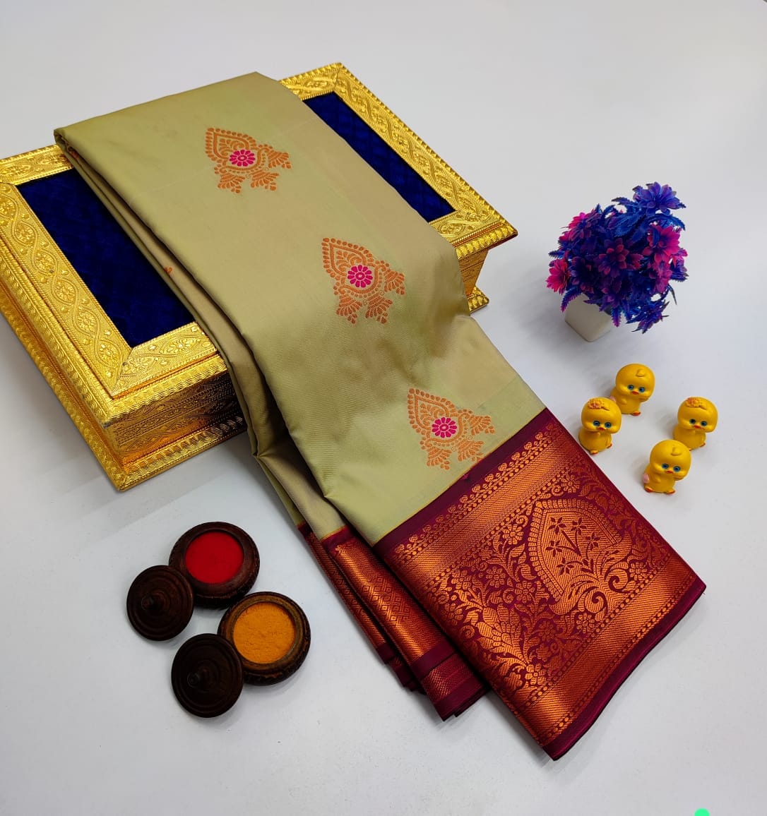 Beige Korvai Kottanchi Meena Work Premium Soft Silk Saree