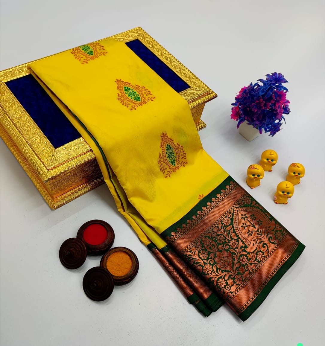 Bright Yellow Korvai Kottanchi Meena Work Premium Soft Silk Saree