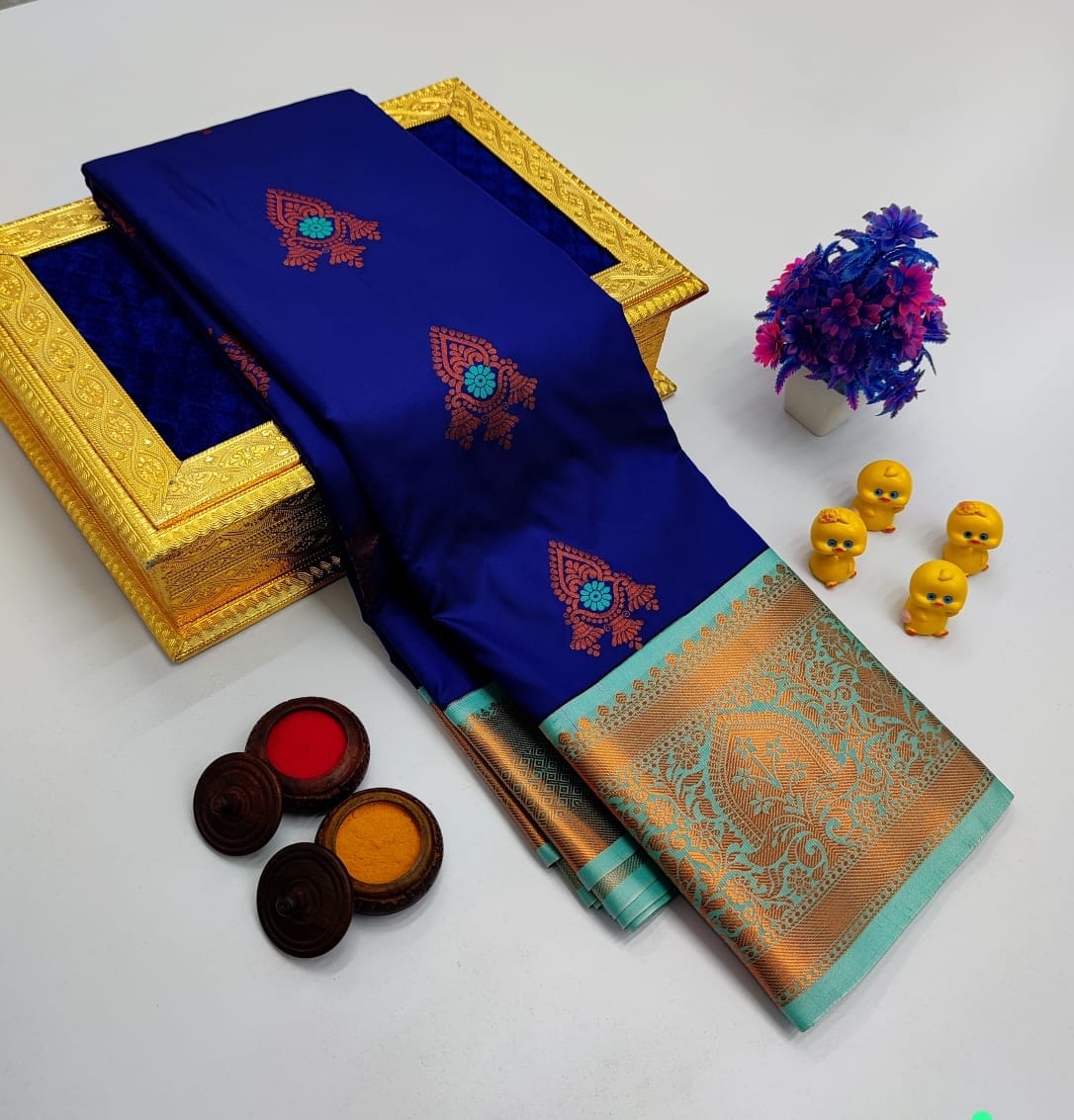 Royal Blue Korvai Kottanchi Meena Work Premium Soft Silk Saree