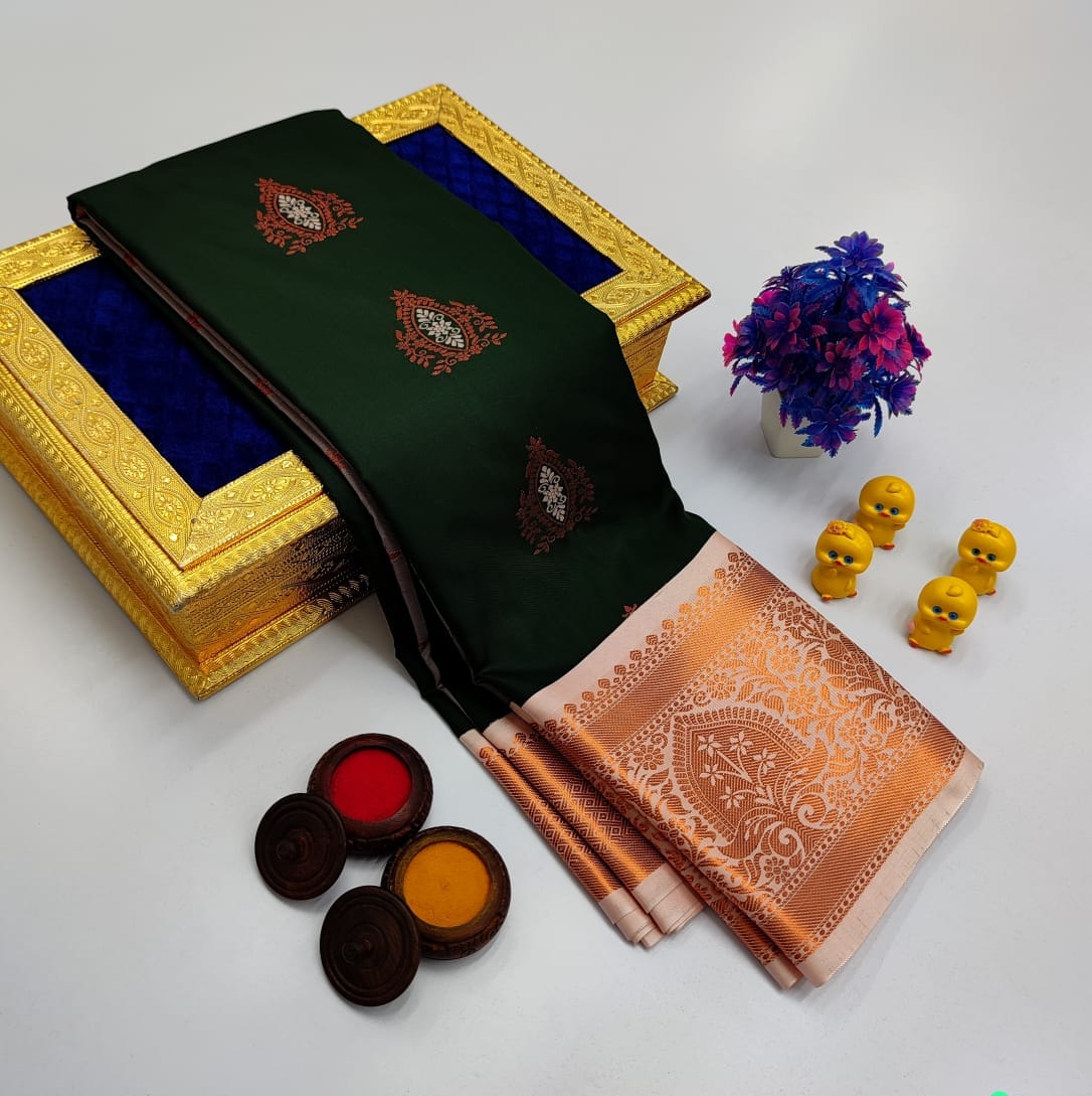 Bottle Green Korvai Kottanchi Meena Work Premium Soft Silk Saree