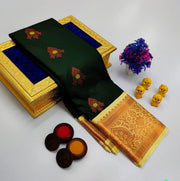 Bottle Green Korvai Kottanchi Meena Work Premium Soft Silk Saree