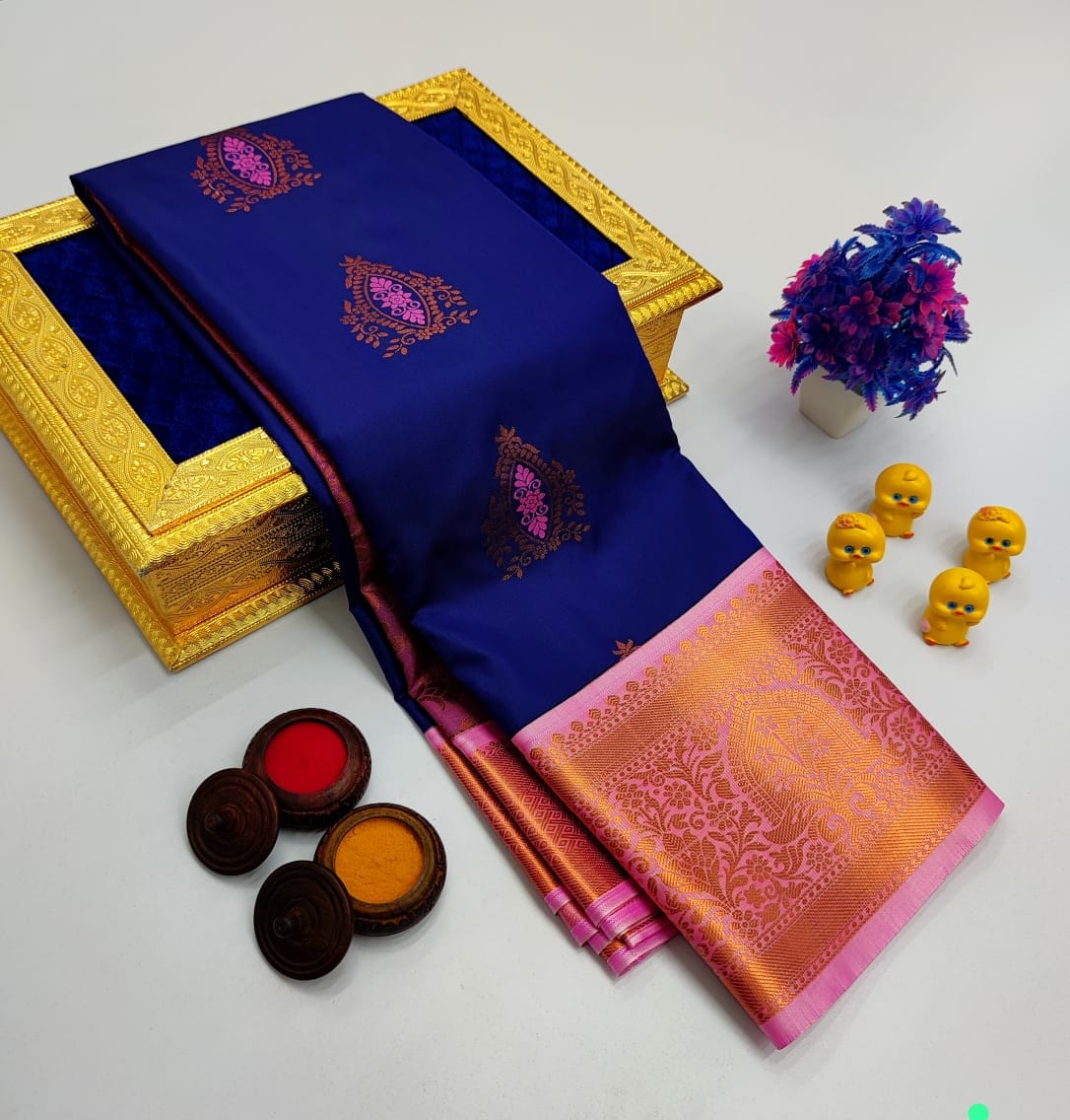 Indigo Blue Korvai Kottanchi Meena Work Premium Soft Silk Saree