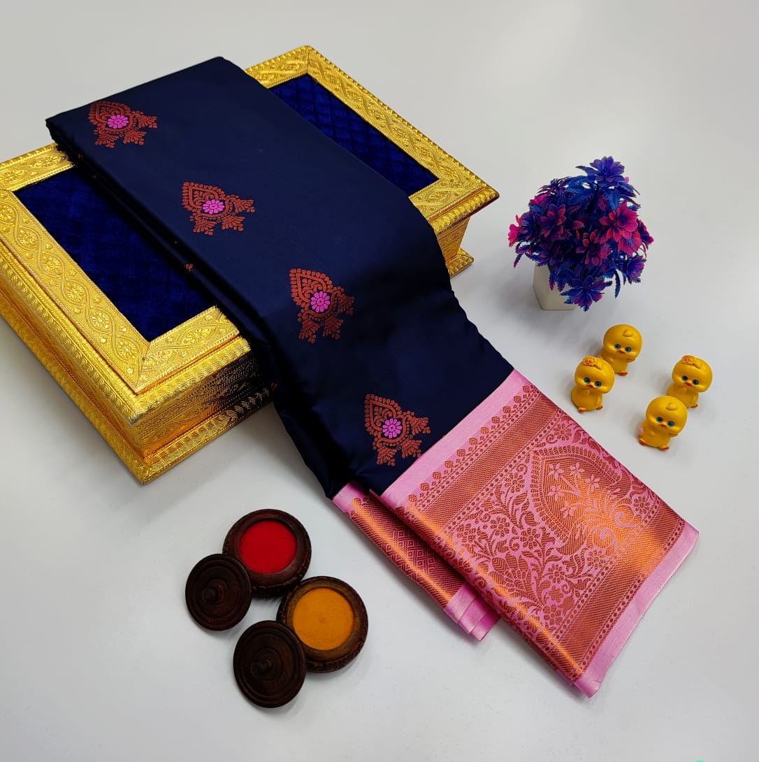 Navy Blue Korvai Kottanchi Meena Work Premium Soft Silk Saree