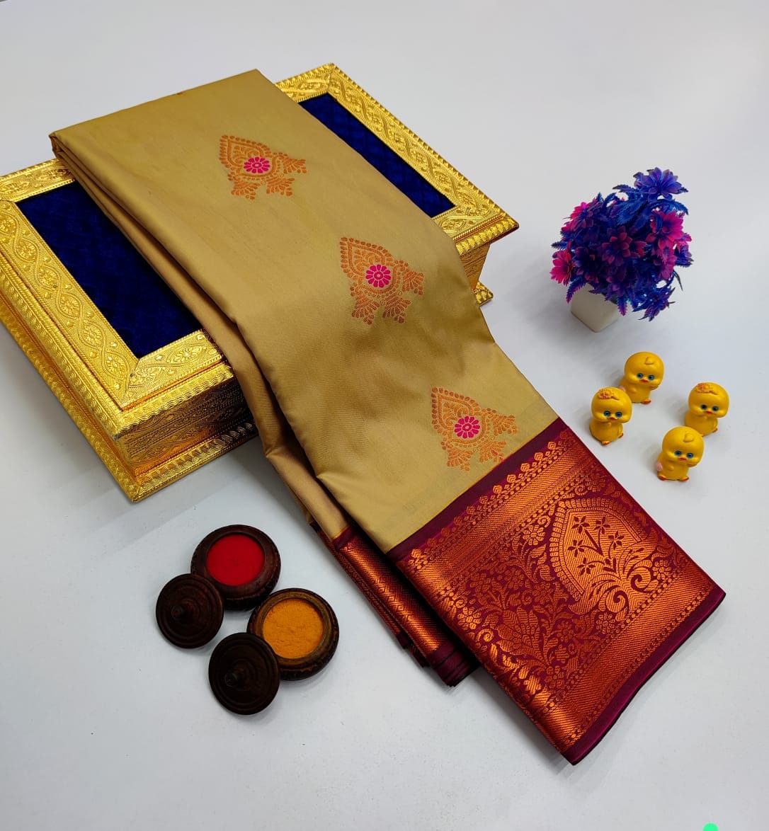 Sand Beige Korvai Kottanchi Meena Work Premium Soft Silk Saree