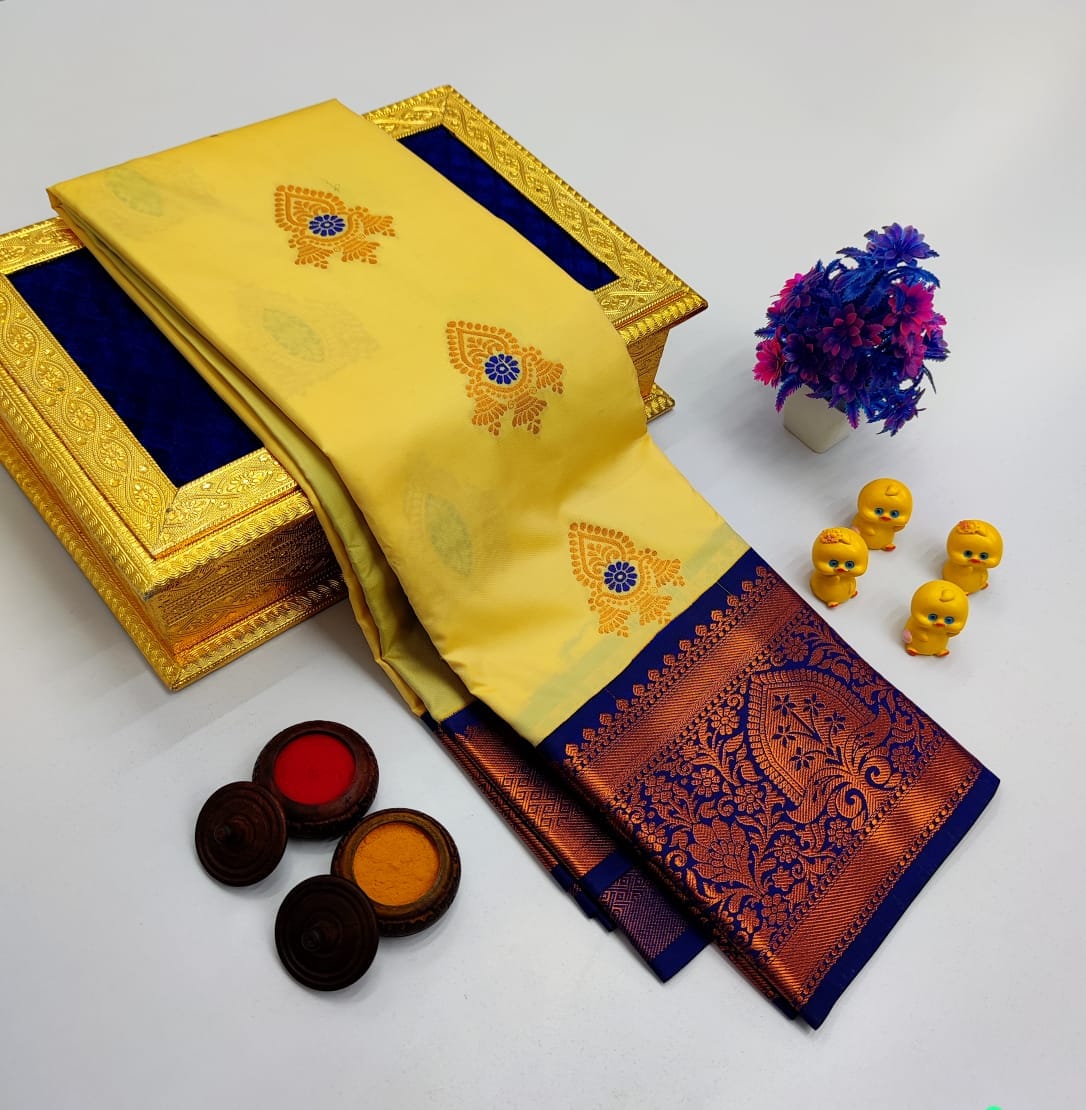 Lemon Yellow Korvai Kottanchi Meena Work Premium Soft Silk Saree