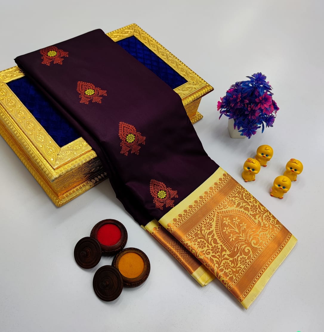 Deep Plum Korvai Kottanchi Meena Work Premium Soft Silk Saree