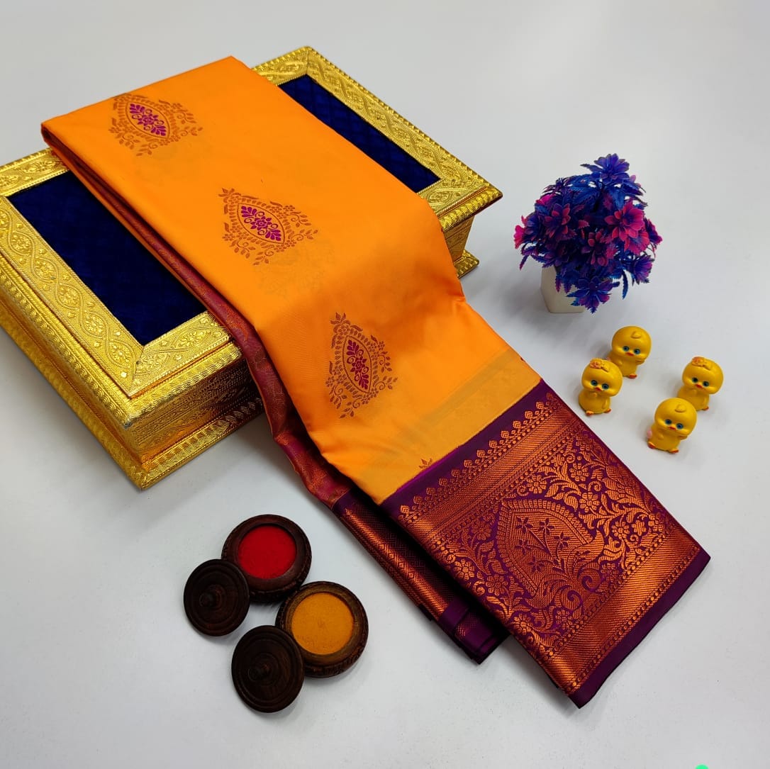 Saffron Orange Korvai Kottanchi Meena Work Premium Soft Silk Saree