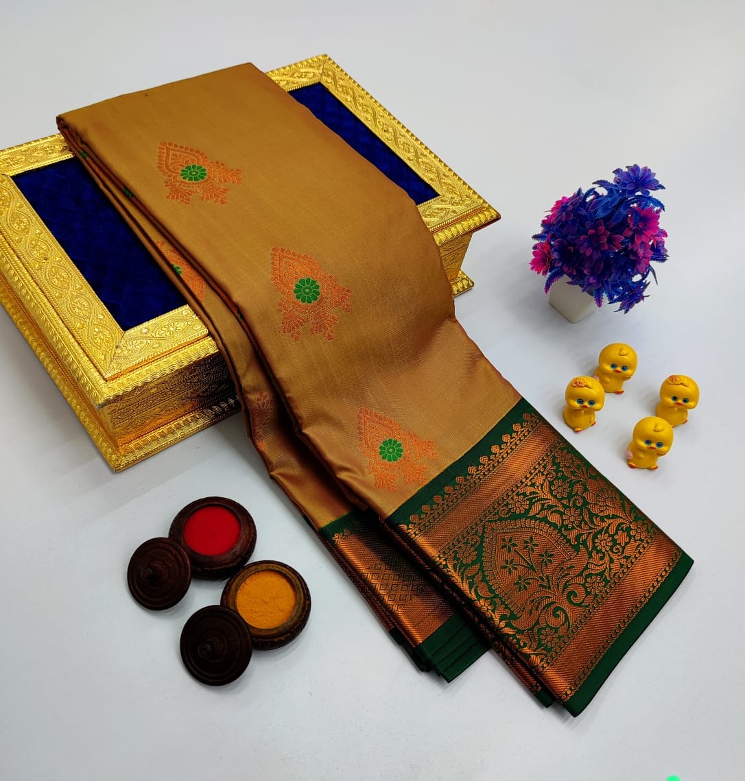 Mustard Brown Korvai Kottanchi Meena Work Premium Soft Silk Saree