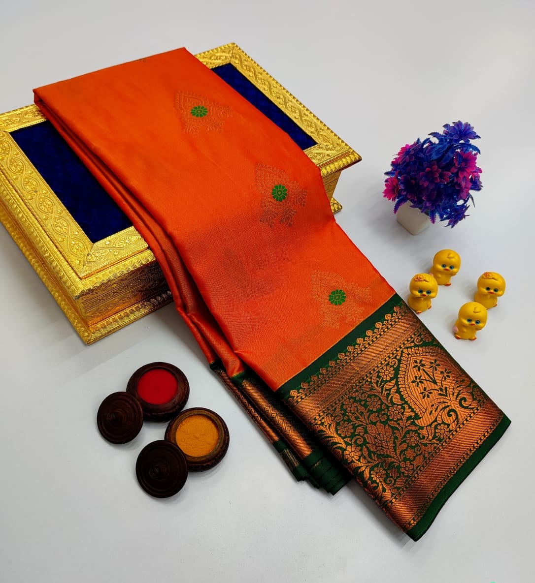 Orange Korvai Kottanchi Meena Work Premium Soft Silk Saree