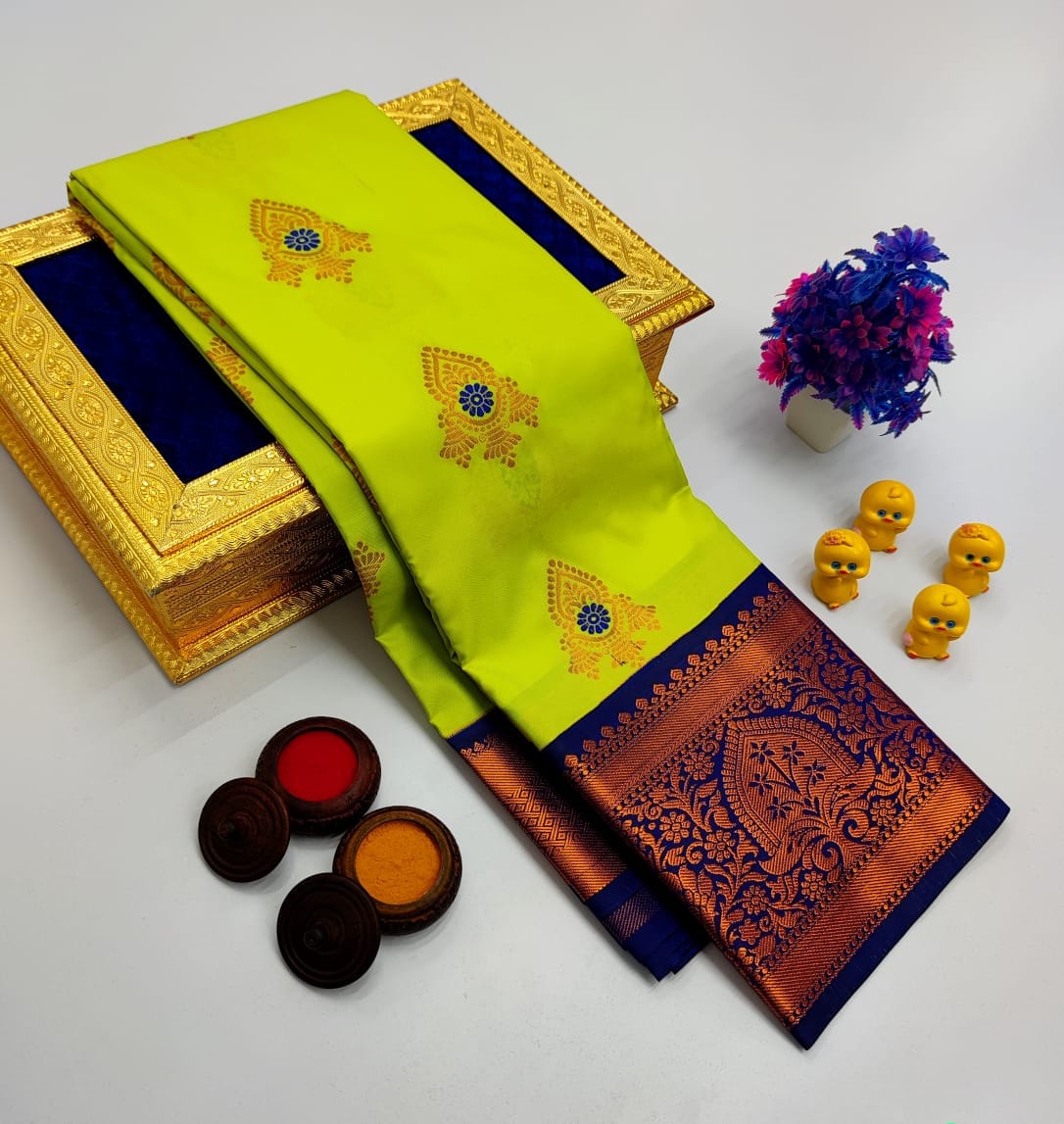 Lime Green Korvai Kottanchi Meena Work Premium Soft Silk Saree